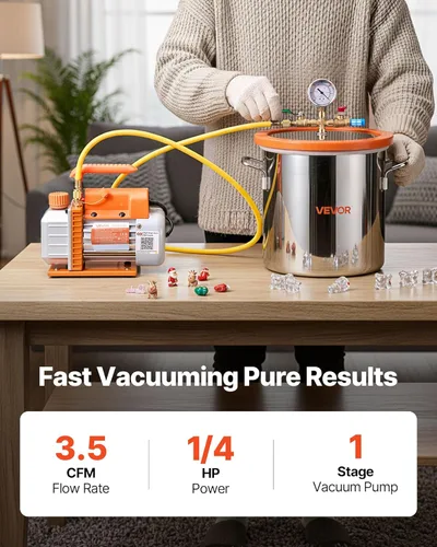 Vista 2 de VEVOR Cámara de vacío de 3 galones con bomba, 3.5 CFM, bomba de vacío de una sola etapa, kit de cámara de desgasificación de acero inoxidable