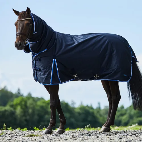 Vista 2 de HORZE Glasgow - Manta de caballo de invierno impermeable de peso medio con cubierta para el cuello (relleno de 5.29 oz), color azul oscuro, 69