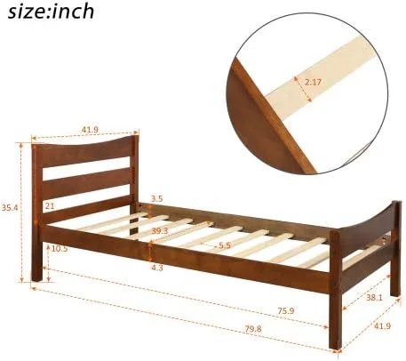 Vista 2 de Base de cama individual de madera moderna con cabecero, marco de cama de plataforma tamaño individual, camas individuales, cama individual