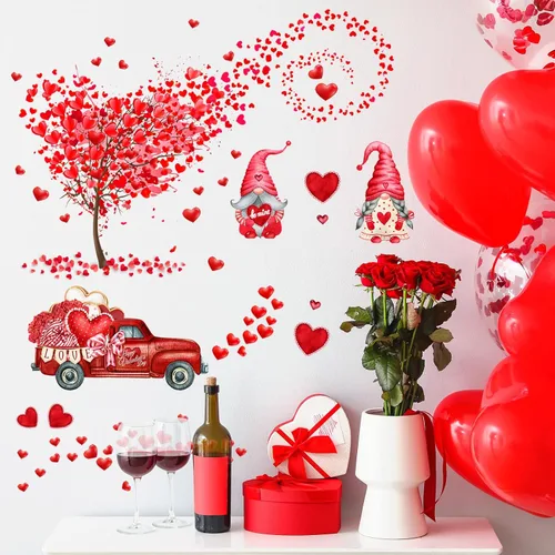 Vista 7 de Calcomanías de pared con diseño de gnomo rojo, para el día de San Valentín, árbol de corazón rosa, decoración del hogar, dormitorio, cuadros