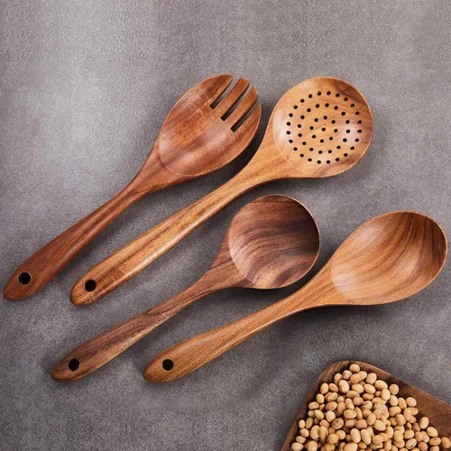 Vista 3 de GUDAMAYE - Juego de utensilios de cocina de madera, 6 cucharas de madera para cocinar, utensilios de cocina de madera, cucharas de madera de teca