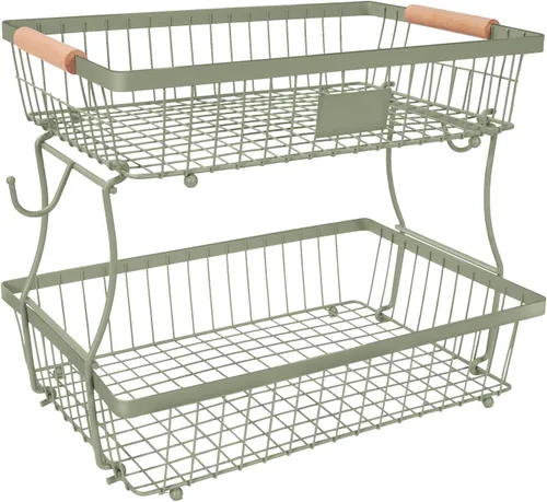 Vista 15 de Cesta de Frutas Tazón de 2 Niveles Desmontable con 2 Colgadores para Plátanos, Soporte de Frutas para Encimera de Cocina, Organizador