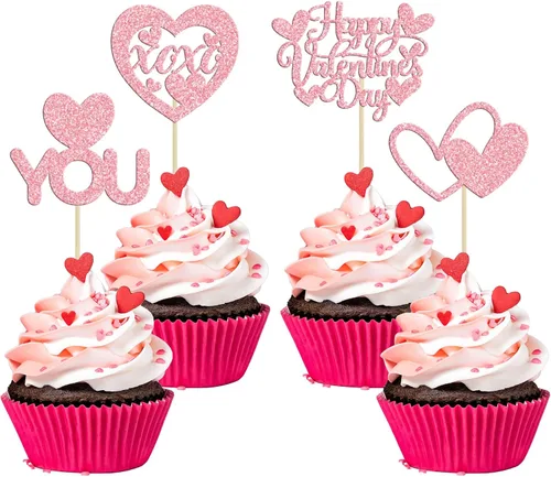 Vista 17 de Ephlyn 24 adornos para cupcakes con purpurina para el día de San Valentín, dulce amor, corazón, día de San Valentín, decoración para cupcakes