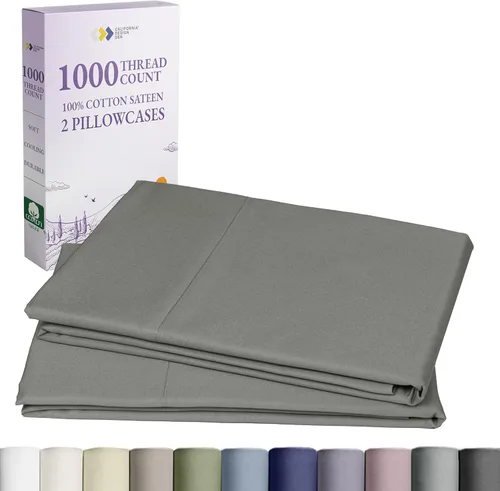 Vista 12 de California Design Den Fundas de Almohada Tamaño Queen Juego de 2 - 1000 Hilos Satén, Suaves y Gruesas 100% Algodón Fundas de Almohada Beige