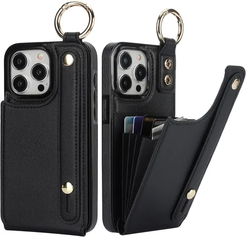 Folosu Funda tipo cartera para iPhone 15 Pro Max con soporte para tarjetas, correa de mano para la muñeca, soporte de bucle, bloqueo RFID, anillo de