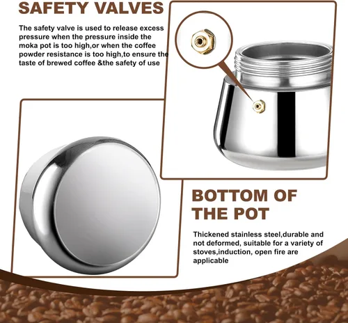 Vista 8 de Cafetera de Espresso para Estufa de 2 Tazas de Acero Inoxidable Moka Pot Percolador de Estufa Cafeteras Italianas Capaz Máquina Mocha Greca Café