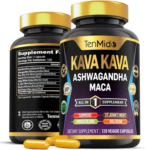 Suplemento de raíz de kava kava – Fórmula 8 en 1 – Combina con Ashwagandha, Maca, cúrcuma, ginkgo biloba, hierba de San Juan, valeriana y pimienta