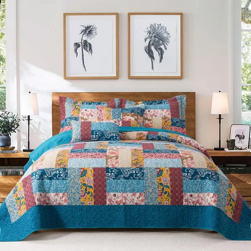 Vista 14 de VAPUTAR Edredones de Algodón Tamaño Queen, Juego de Ropa de Cama Edredón Queen con Patrón Damasco Bohemio-3 Piezas Colcha Ligera Suave Tamaño Queen