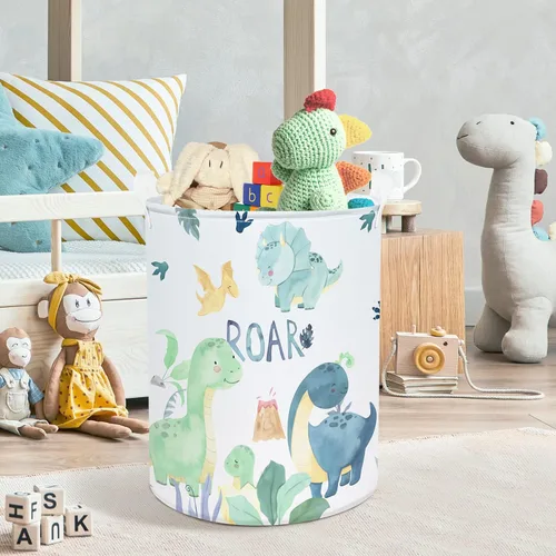 Vista 2 de Clastyle Cesta de lavandería de dinosaurio verde de dibujos animados de 45L con asa redonda para dormitorio, baño, juguetes, cesta de almacenamiento