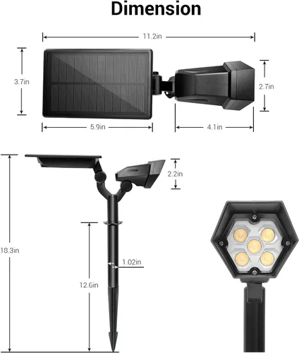 Vista 8 de Focos solares para exteriores, 4 modos de luz solar para paisaje con LED de súper brillo, panel y luz ajustable, luces de seguridad alimentadas por