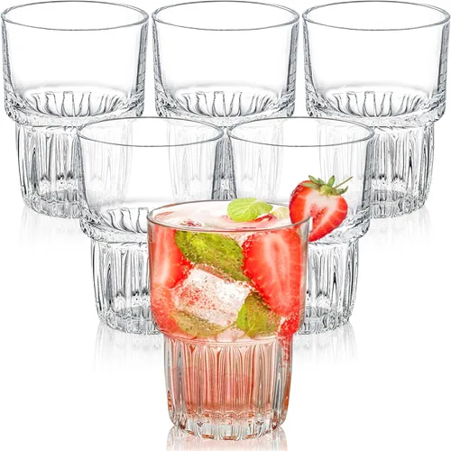 Vista 5 de DEAYOU Juego de 6 vasos para beber, vaso de agua de té helado a rayas transparentes de 11 onzas, vasos de rocas apilables, vaso grueso de vidrio