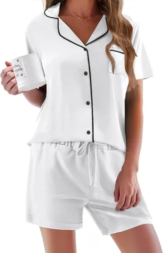 Vista 46 de Ekouaer - Conjunto de pijamas de manga corta para mujer, con botones, suave, 2 piezas, conjuntos de descanso, tallas XS-XXXL Verde Aqua