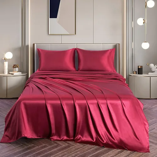 Vista 4 de Vonty Satin Sheets Queen Size Silky Soft Satin Bed Sheets Burgundy Sheet Set, 1 Deep Pocket Fitted Sheet + 1 Flat Sheet + 2 Pillowcases
