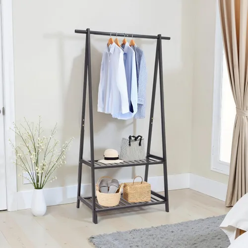Vista 3 de Finnhomy Estante de ropa de bambú portátil extra grande con estantes de almacenamiento de 2 ruedas para recibidor y dormitorio, diseño patentado