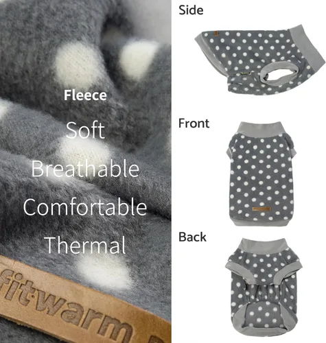 Vista 5 de Fitwarm - Suéter de lunares para perro - Ropa de invierno acogedora para perros pequeños, niño y niña, chaqueta de forro polar, gris claro y gris
