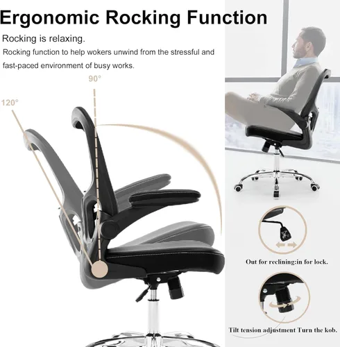 Vista 6 de Silla de oficina, silla ergonómica de malla para computadora con reposabrazos abatibles de piel sintética, silla de tareas para el hogar con soporte