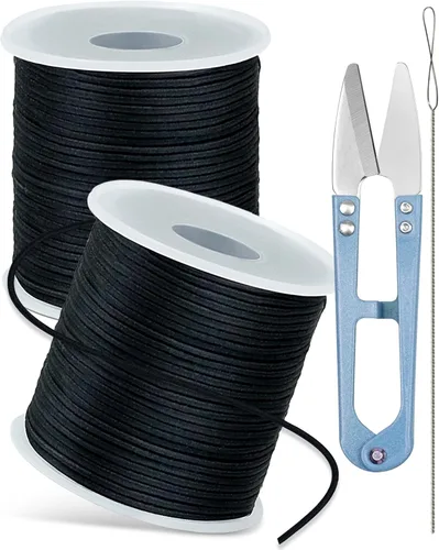 FIVEIZERO 2 Rollos de Cuerda Elástica Negra para Pulseras Total 330 Pies, Cordón Elástico de 1mm, 1.2mm, 1.5mm para Enhebrar con Aguja para