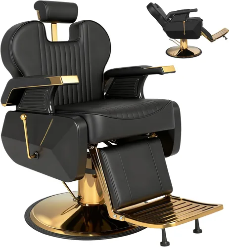 Vista 9 de Silla de peluquero profesional, silla hidráulica reclinable con diseño de cuero de doble puntada, silla giratoria de 360° ajustable