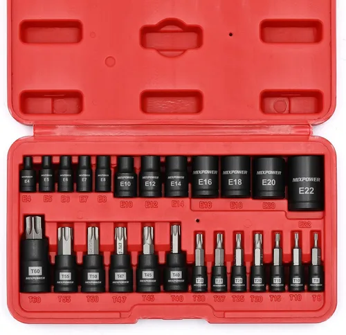 MIXPOWER Juego de 25 puntas y dados Torx, 13 puntas de estrella (T8- T60) y 12 enchufes E-Torx (E4-E22), juego de mecánico de automóviles y