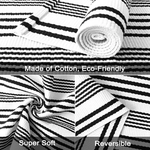 Vista 4 de Alfombra de exterior a rayas blancas y negras, 2 x 3 pies, de algodón, moderna, tejida a mano, reversible, para porche, puerta de bienvenida