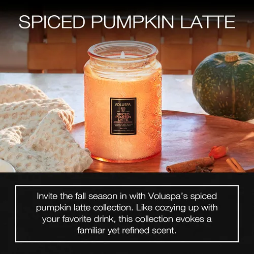 Vista 2 de Voluspa Latte de calabaza especiada, tarro de vela grande, 18 onzas, 100 horas de tiempo de combustión, mechas totalmente naturales y cera de coco