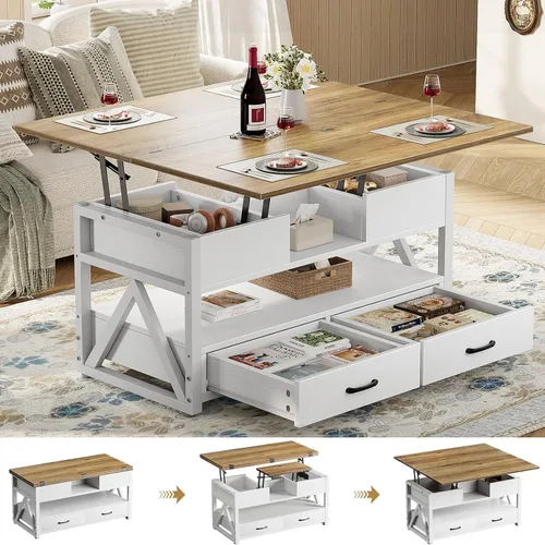 Vista 9 de Memobarco Mesa de Centro con Tapa Elevable de 40", Mesas de Centro Elevables Multifunción 4 en 1 con Cajones de Almacenamiento y Compartimento