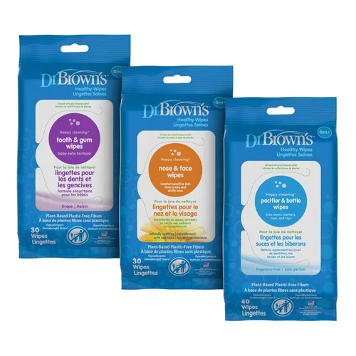 Dr. Brown's Paquete variado de toallitas saludables, dientes y encías, nariz y cara, botella y chupete, toallitas de limpieza, 100 unidades, paquete