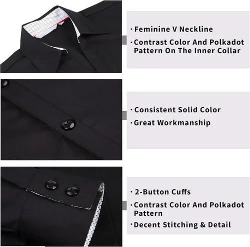 Vista 4 de WARHORSEE Camisa de botones de manga larga para mujer, camisas de vestir de trabajo, cuello en V, de fácil cuidado, elásticas, blusas casuales