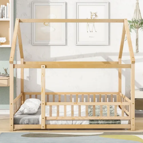 Vista 105 de Bellemave Cama Montessori de madera con valla y techo para niños, marco de cama individual para niños, niñas (individual, blanco)