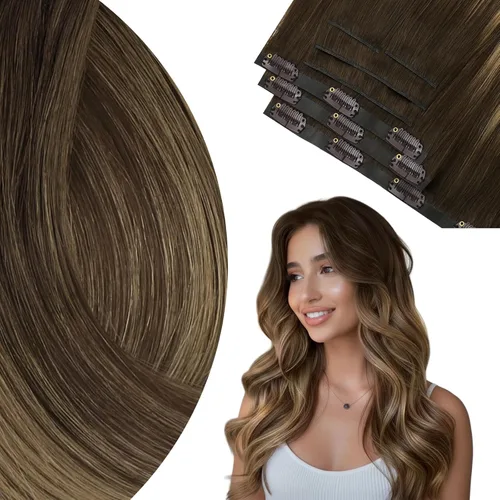 Vista 14 de Ve Sunny Extensiones de cabello humano real con clip balayage, color marrón castaño degradado a rubio, 12 pulgadas, 5 unidades, 2.82 onzas