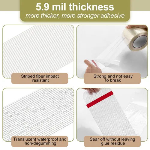 Vista 3 de Treela 10 rollos de cinta adhesiva reforzada con filamento de 3 pulgadas x 60 yardas, transparente, de fibra de vidrio, 5.5 mil, resistente