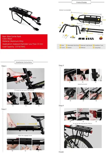 Vista 2 de Amarine Made Soporte trasero para bicicleta, capacidad de 110 libras, de aleación de aluminio o hierro, soporte trasero ajustable para bicicleta