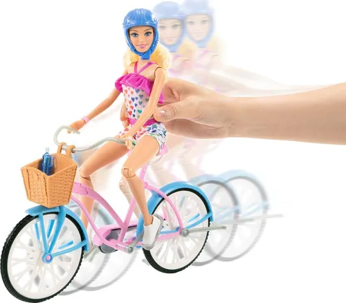 Vista 2 de Muñeca Barbie y juego de bicicleta con muñeca (11.5 pulgadas, rubia), bicicleta con ruedas que ruedan y accesorio de botella de agua, regalo