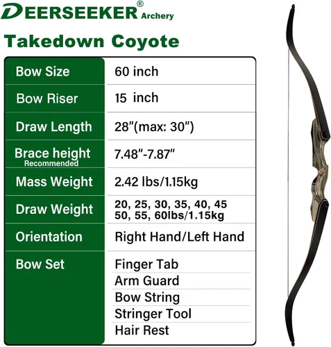 Vista 2 de Deerseeker Outdoor 60" Takedown Recurve Bow Set Traditional Wooden Bow with Laminated Limbs Right & Left Hand for Adults & Youth Archery Hunting