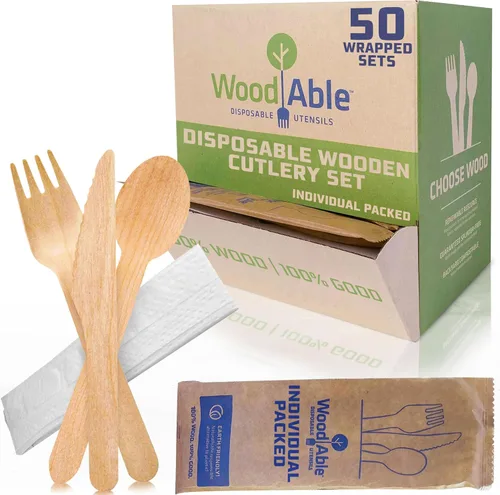 Vista 18 de Juego de cubiertos de madera desechables – 100% compostable para el hogar – Mezcla 300 (120 tenedores, 120 cucharas y 80 cuchillos) 6.5