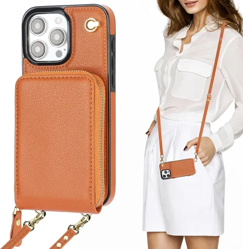 Vista 12 de KIHUWEY Funda tipo cartera cruzada para iPhone 15 Pro Max, funda con bolsillo con cremallera y soporte para tarjetas, funda protectora de piel