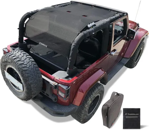 Vista 61 de Shadeidea - Parasol para vehículo Jeep Wrangler JK (2007-2018) de 2 puertas, delantero y trasero, pantalla de malla color negro, cubierta