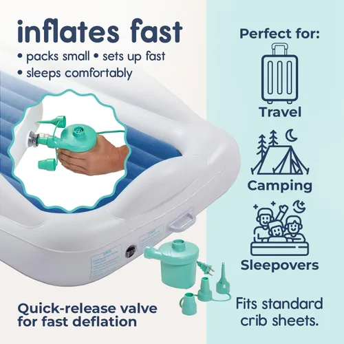 Vista 4 de Cama de viaje inflable para niños pequeños con parachoques de seguridad de hiccapop. Colchón portátil para niños con riel de cama incorporado.