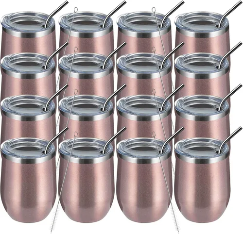 Vista 55 de MEWAY Vaso de vino sin tallo de 12 onzas con tapa, vaso de viaje de acero inoxidable con aislamiento de doble pared al vacío con popote, para Negro