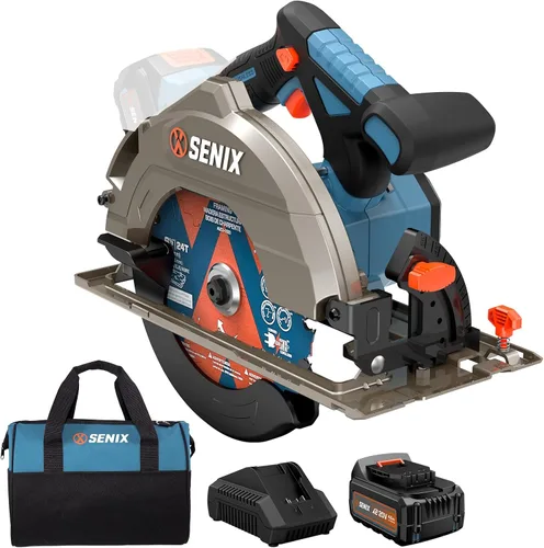 SENIX Sierra circular de 20 V máx. 7-1/4 pulgadas para corte de madera, sierra circular inalámbrica con batería de 4.0 Ah y cargador | Motor sin
