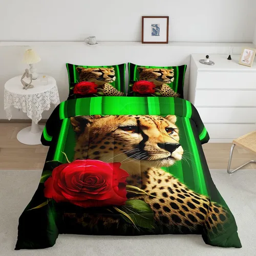 Vista 25 de Erosebridal Juego de ropa de cama de guepardo con rosa azul, juego de edredón con estampado de leopardo y gato, edredón romántico de plumón