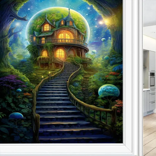 Vista 21 de Película de privacidad rústica para ventana, diseño retro de árbol de casa, vitral, bloqueo solar, control de calor, película decorativa para cubrir