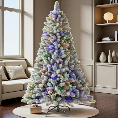 Vista 6 de Árbol de Navidad artificial de 1.8 m con nieve esmerilada preiluminada, árbol de Navidad artificial con 250 luces LED que cambian de color cálido