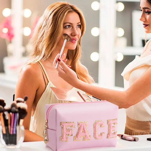 Vista 7 de HBselect Bolsa de maquillaje Preppy, bolsa de cosméticos de chenilla, bolsa de aseo para mujer, elegante, impermeable, portátil, bolsa de piel