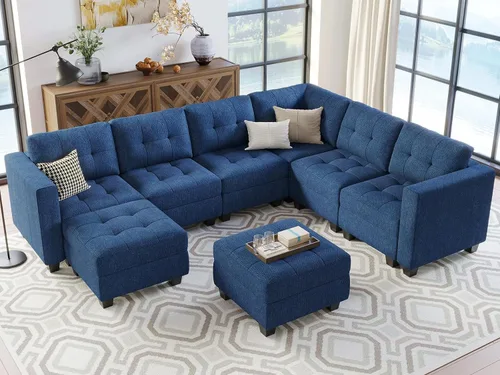 Vista 20 de Belffin Sofá modular modular en forma de U de almacenamiento reversible con tumbonas dobles, juego de sofá modular con tela otomana, color azul