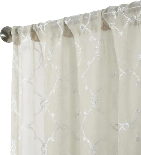Vista 6 de Creative Home Ideas Cortinas transparentes (2 paneles, 38x84 pulgadas, lino), paneles de cortina geométricos bordados con alzapaños, cortinas