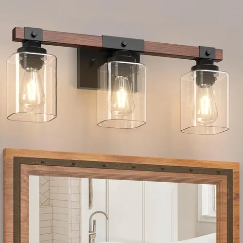 [Usado] Amico Lámparas de tocador de baño de 3 luces, lámparas rústicas industriales de madera pintada, apliques de pared negros vintage con