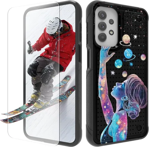 Vista 15 de Funda para Samsung Galaxy A13/A04/A04S/A23/A32 5G con protector de pantalla, parte trasera con textura de policarbonato duro, hermosa flor, diseño