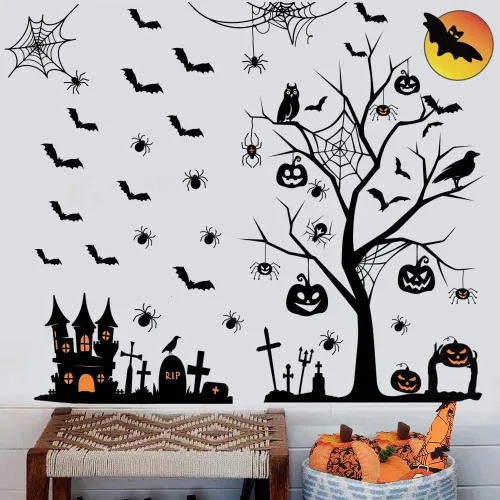 Calcomanías de pared de Halloween, murciélagos altos para decoración del hogar, arte extraíble para ventanas, suministros de fiesta