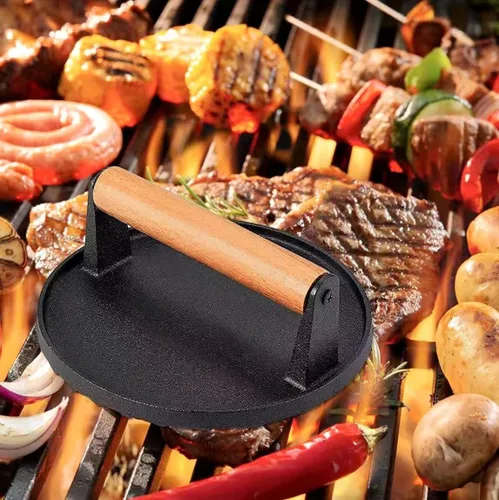 Vista 4 de Herramientas de cocina de hierro fundido resistente para hamburguesas, prensa redonda para carne y carne con mango de madera antiquemaduras